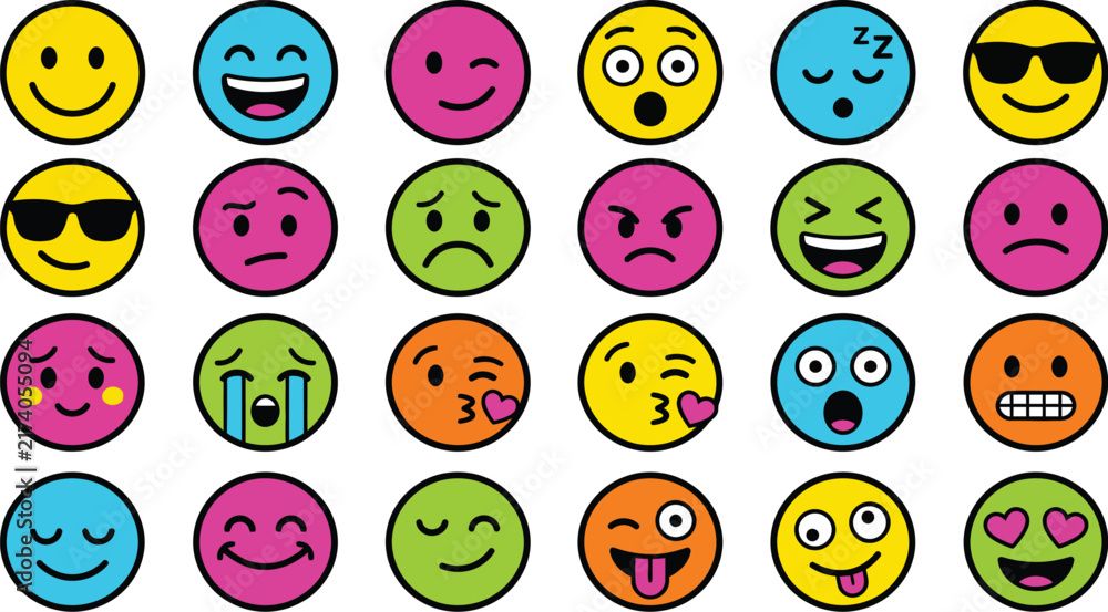 Fototapeta premium Colorful circular emoji sticker set with various facial expressions and vibrant hues for digital messaging and graphic design.