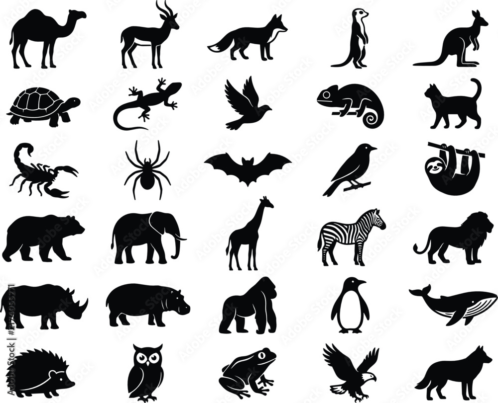 Fototapeta premium Wild Animals Silhouette Icon Set with Zoo Mammals Birds and Reptiles Shapes for Educational Graphics Nature Branding and Conservation Media Designs