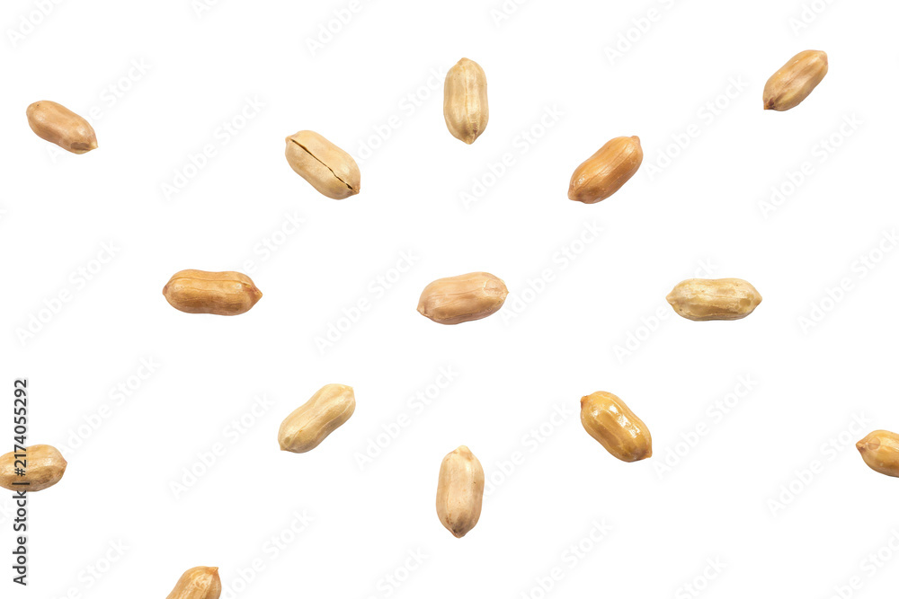 Obraz premium View of multiple shelled peanuts arranged in a circular pattern on a plain white surface isolated on a transparent background