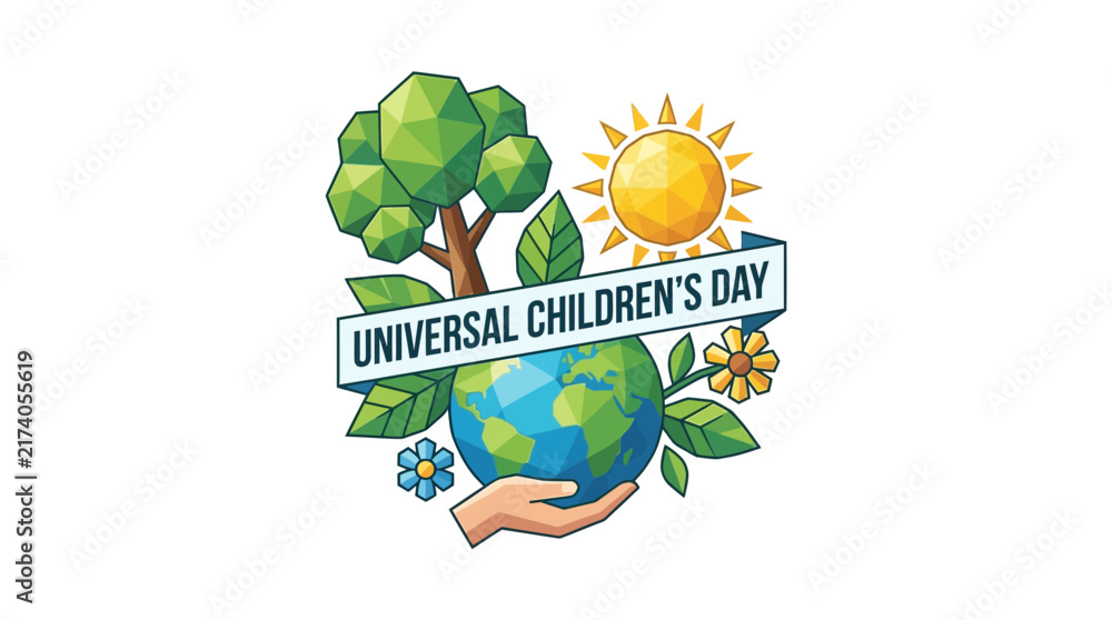 Fototapeta premium Planet Earth in Hand with Tree and Sun, Children's Day Celebration