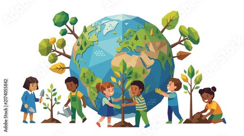 Children Planting Trees Around Stylized Earth Illustration