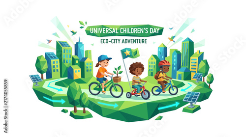 Children cycling in eco-friendly city on Universal Children's Day