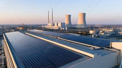 Industrial solar panel installation on factory rooftop with large power plant cooling towers and smokestacks in background during sunset