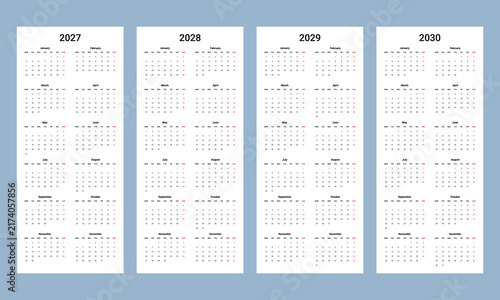 Calendar 2027 2028 2029 2030 Template Set, Multi Year Minimalist Vertical Calendar Planner Collection Vector Illustration.