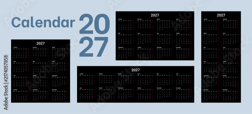 2027 Calendar Template Set, Dark Theme Minimalist 12 Month Yearly Planner Collection in Various and Horizontal Formats Vector Illustration.