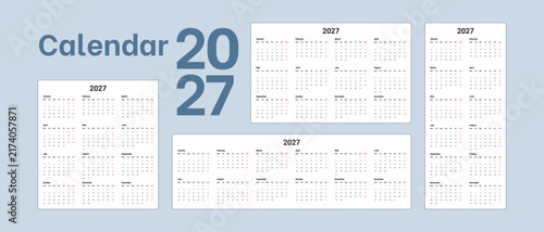2027 Calendar Template Set, Minimalist 12 Month Yearly Planner Collection in Horizontal and Vertical Formats Vector Illustration.