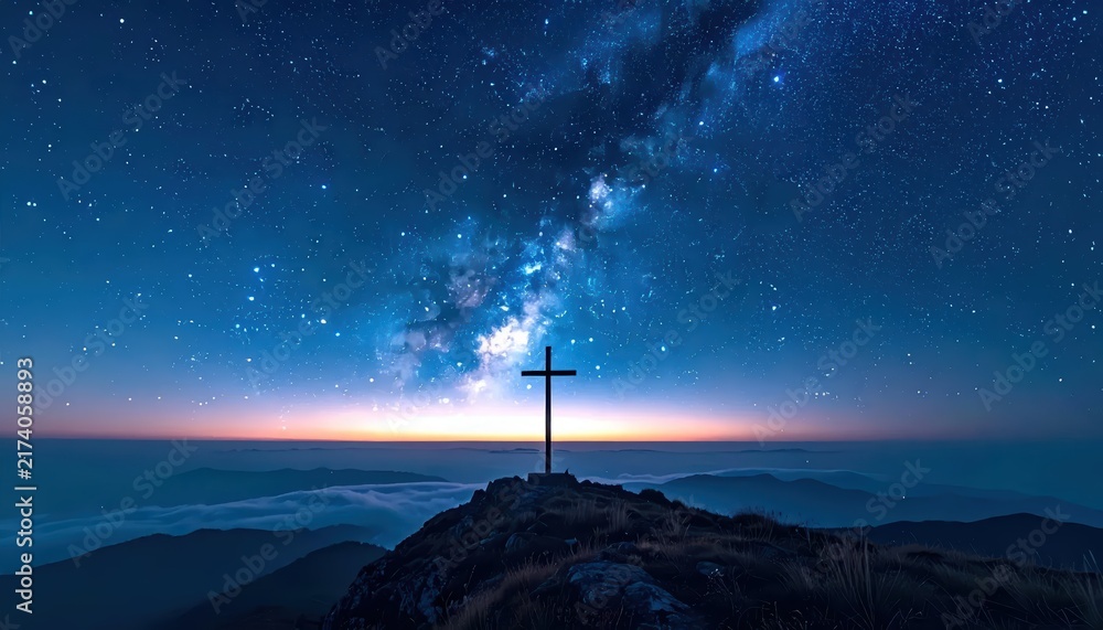 Fototapeta premium Silhouette of a Christian cross on a mountain peak under a vibrant Milky Way galaxy and starry night sky with ample copy space for text.