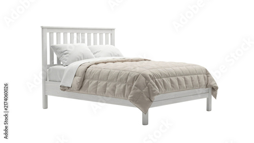 White wooden bed frame with a beige quilted comforter and two white pillows on a plain light background, isolated on a, transparent background