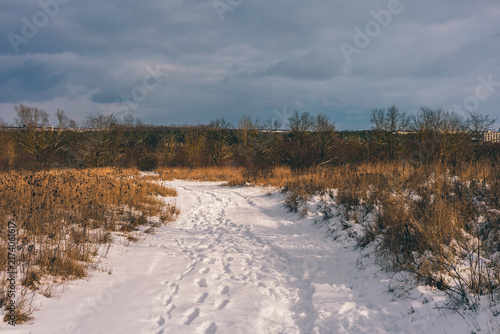 Snow Covered Field with a Road