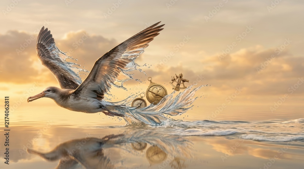 Fototapeta premium Surreal photography of a bird flying over the ocean with liquid wings and navigational tools.