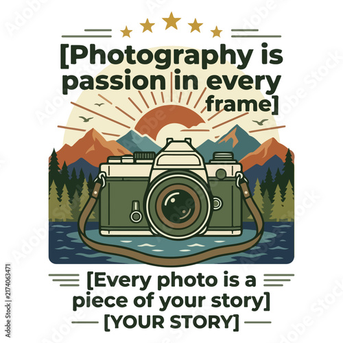 Vintage photography badge vector illustration with retro SLR camera and mountain landscape