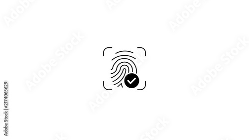 Fingerprint verification animation showing biometric identity authentication with a checkmark for secure access, digital security, authorization and user identification