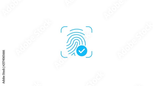 Fingerprint verification animation showing biometric identity authentication with a checkmark for secure access, digital security, authorization and user identification