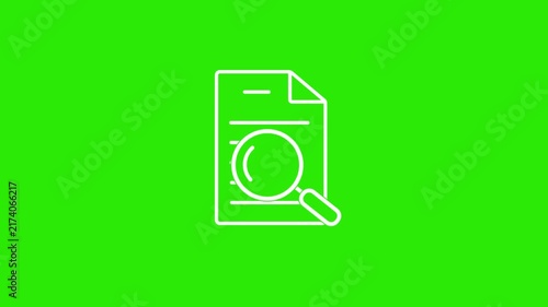 Document search animation showing magnifying glass over digital paperwork for information discovery, file review, data analysis, verification and research