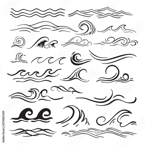 Doodle sea wave icons. Hand drawn simple wavy lines. Sea storm scribble icons set. Ocean water flow curve sketch. Aqua doodle symbols. Vector illustration isolated on white background.