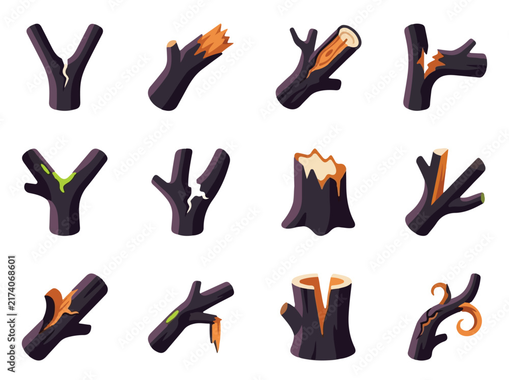 Obraz premium Halloween Premium, Stylized tree branch set, 12 dark wood log icons. Broken timber stumps and twigs vector collection for game design. isolated PNG with Transparent Background illustrator, Eps