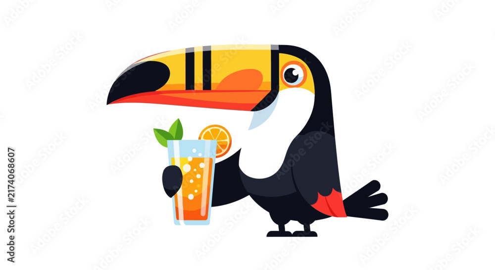 Naklejka premium Smiling Toucan Bird with Tropical Juice and Orange Slice