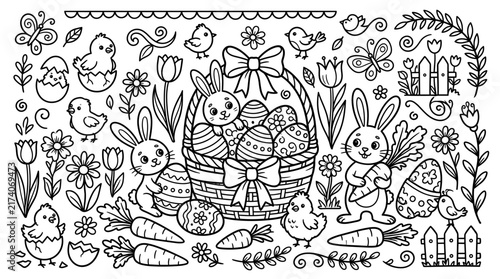 Easter Coloring Page with Cute Bunnies and Decorated Eggs