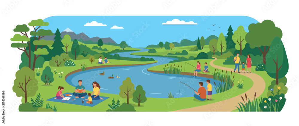 Obraz premium Family Summer Picnic and Leisure Activities by a Scenic Lake