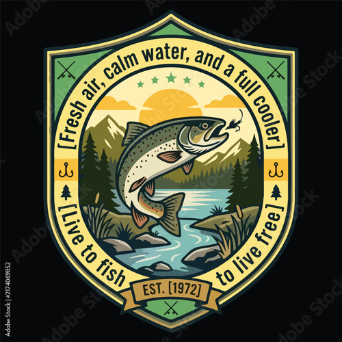  Live to fish to live free - vintage outdoor fishing adventure badge design.