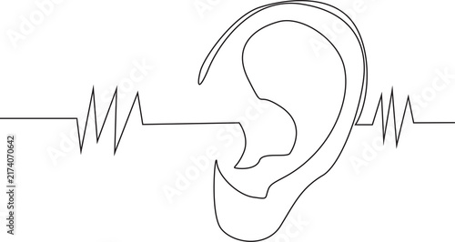 Foto Minimalist one-line illustration of a human ear featuring a continuous black outline and flowing decorative line on a white background