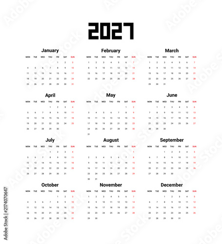 Simple Minimalist 2027 Calendar Design, Full Year 12 Months Calendar Template Isolated on White Background.
