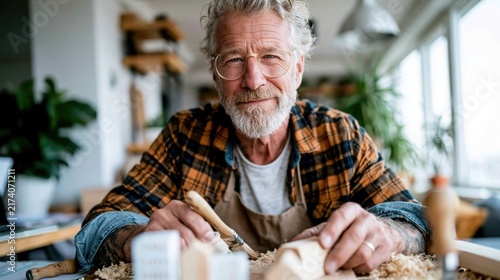 An elderly man with a beard works on woodcraft in a cozy workshop filled with tools and plants, highlighting skilled craftsmanship and creative expression.