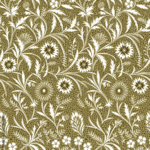 Seamless Arts and Crafts style botanical pattern with intricate white floral scrolls, leaves, and textured stippled background on an olive green field.