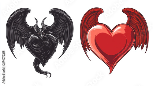 Stylized illustration of a black winged demon heart and a red winged heart with demon wings angel wings good and evil dark and light gothic illustr