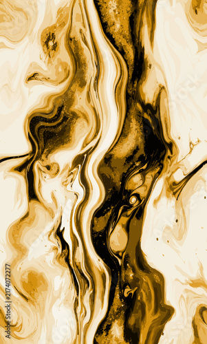 Seamless liquid marble pattern with fluid swirling veins in golden ochre, rich brown, and cream.