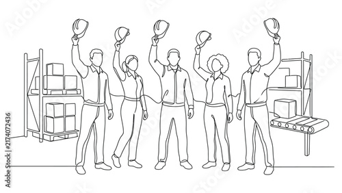 Continuous line drawing of a diverse team of warehouse workers holding safety helmets up in victory.