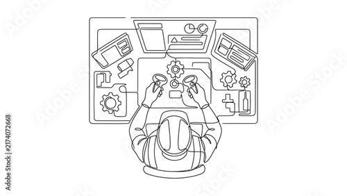 Continuous line drawing of an engineer working at a desk with virtual reality controllers.