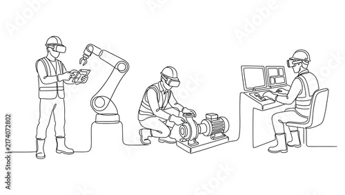 Continuous line drawing of engineers working with industrial automation and virtual reality technology.