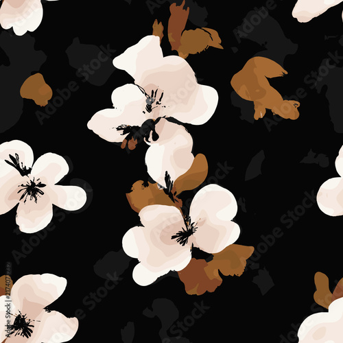 Seamless minimalist floral pattern with cream blossoms, rust-brown leaves, and dark abstract shapes on a deep black background.