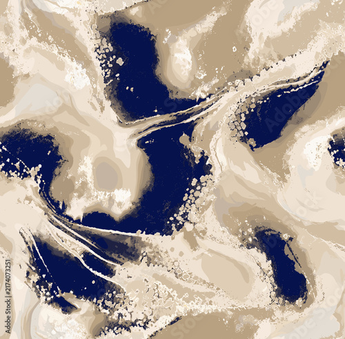 Seamless liquid marble pattern with fluid swirling waves in deep navy blue, beige, taupe, and off-white.
