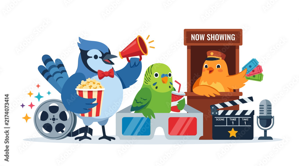 Fototapeta premium Birds at the Cinema: Movie Night Fun, Popcorn & Tickets