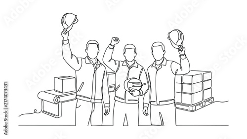 Continuous line drawing of three warehouse workers with boxes and pallets.