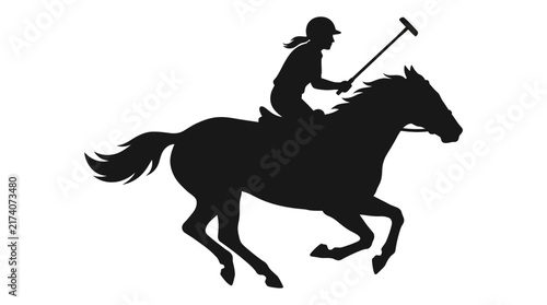 Polo player rides a galloping horse while holding a mallet in this dynamic silhouette illustration representing equestrian sports.