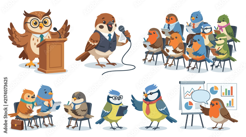 Fototapeta premium Birds in business meeting, teaching, training, presentation, illustration