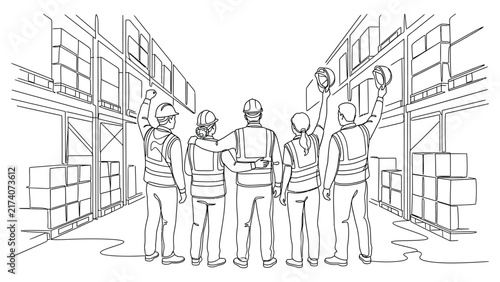 Group of industrial workers standing together in a warehouse.