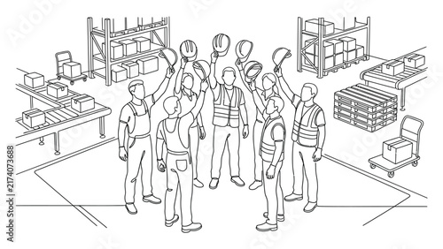 Group of warehouse workers celebrating team success.