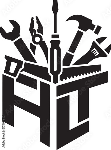 Hand Tools Monogram Logo, Construction and Repair Equipment Emblem with Hammer, Wrench, Screwdriver, Pliers and Hand Saw, Professional Industrial Vector Design