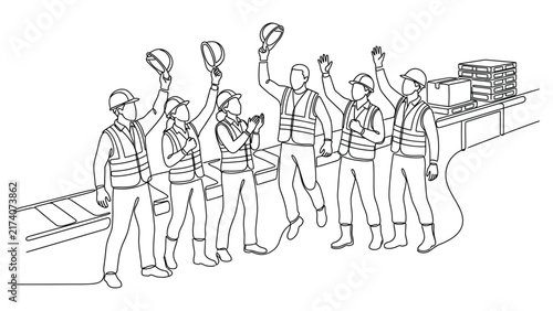 Continuous line drawing of a happy construction team celebrating success.