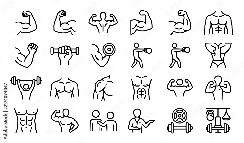 Obraz premium Complete Bodybuilding Strength Muscle and Fitness Outline Vector Icon Set