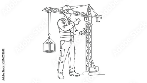 Line art illustration of a construction worker using virtual reality glasses to operate a crane.