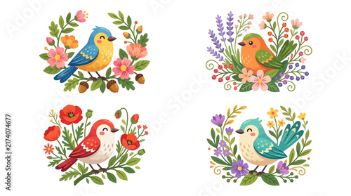 Charming Birds and Flowers Trio: Cute Avian Companions in Floral Frames