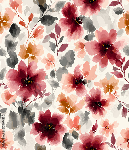 Seamless artistic floral pattern with rich burgundy, dusty rose, rust, and charcoal grey watercolor blooms on an off-white background.