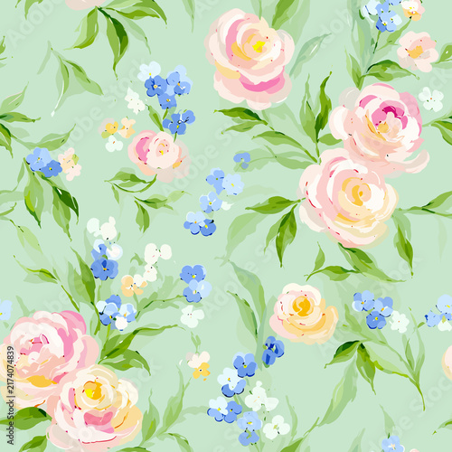 Seamless garden floral pattern with soft peach-pink roses, blue forget-me-nots, and green foliage on a pale mint green background.