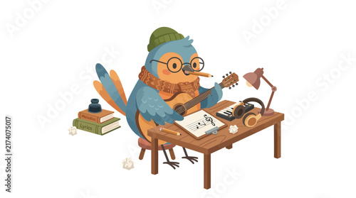 Creative Bird Songwriter Playing Guitar and Composing Music