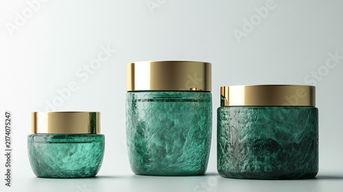 Textured green glass jars with golden caps for cosmetics and cream cosmetic packaging cream container beauty products skin care jar mockup